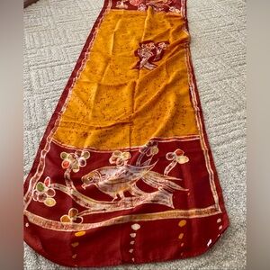 Made In India Silk Saree Scarf Wrap Pashmina Orange Rust Birds Floral Rectangle